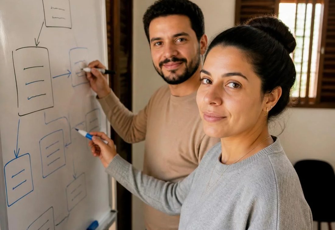 Dupla desenhando no quadro branco a estrutura de uma tese